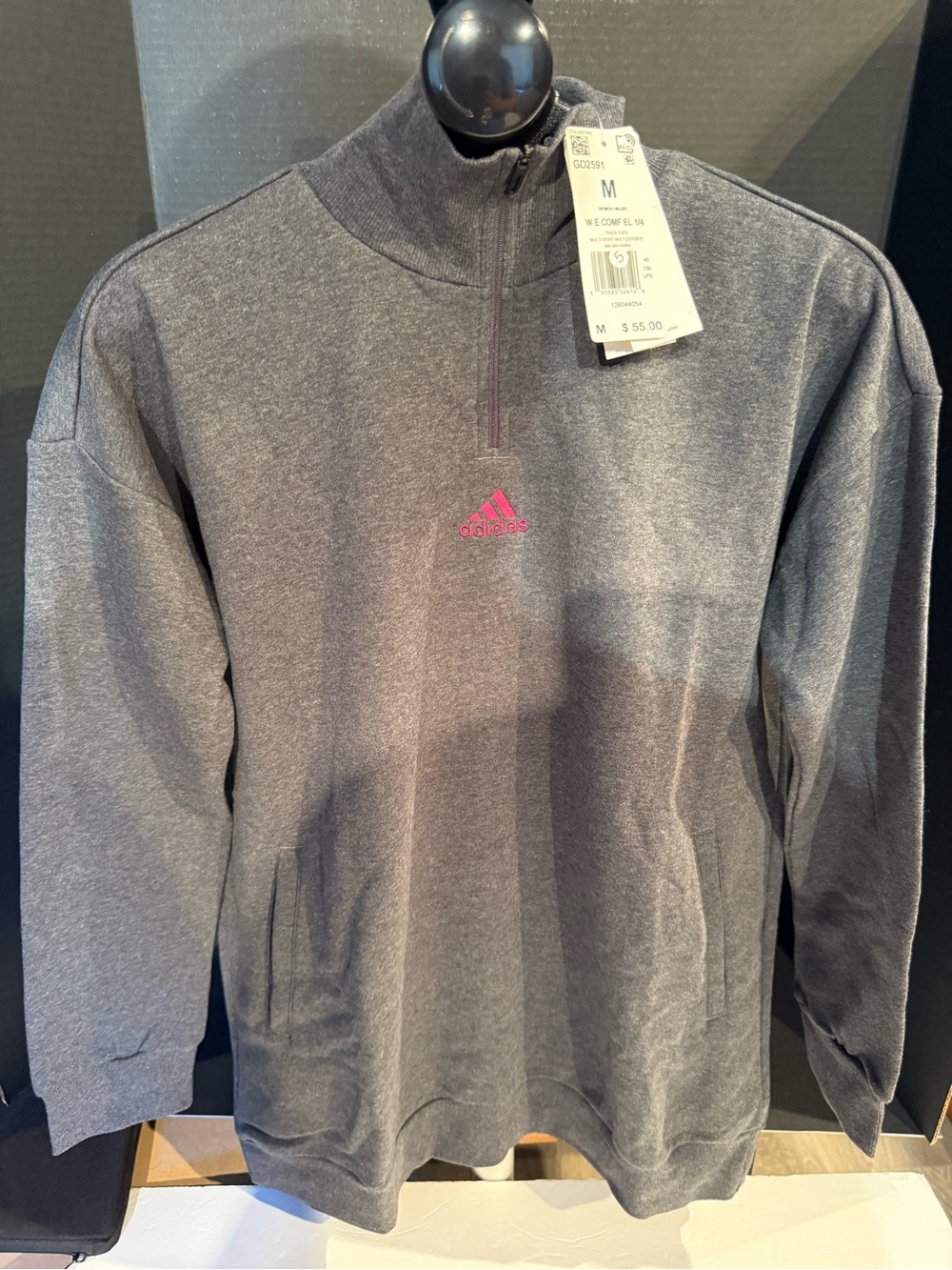 adidas Women's Charcoal Gray Half-Zip Sweatshirt with Pink Logo medium